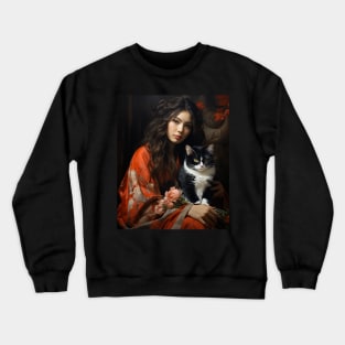 Geisha in kimono with cat Japanese Neko vintage art Crewneck Sweatshirt